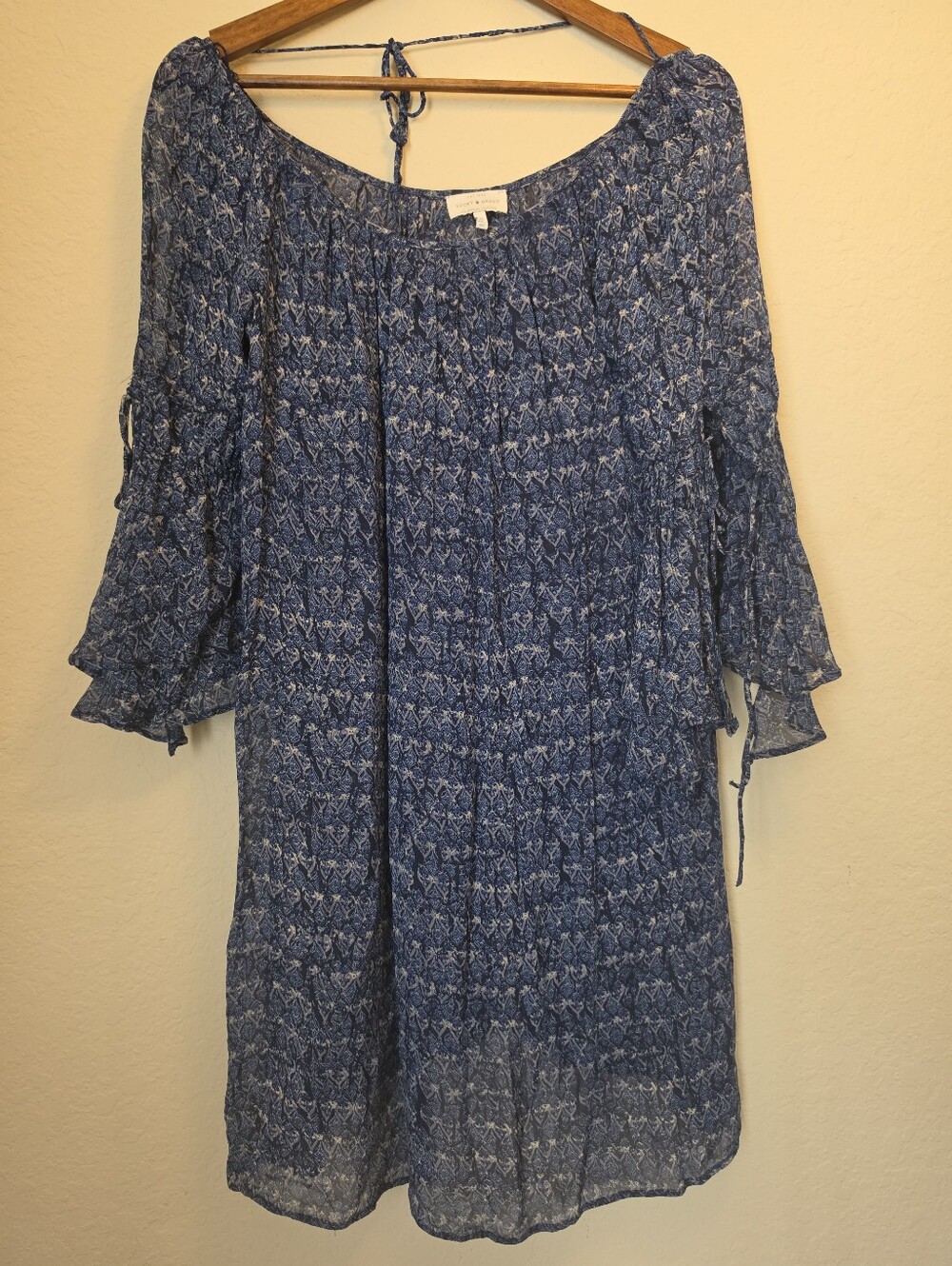 Lucky Brand Mini Dress Womens XS Blue Black Ruffle Sleeve Indie Boho Whimsigoth